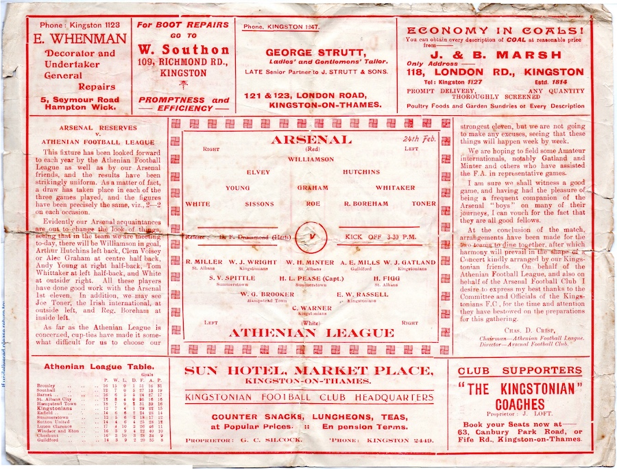 Athenian League v Arsenal 24 02 1923 Richmond Road Kingston 2 copy