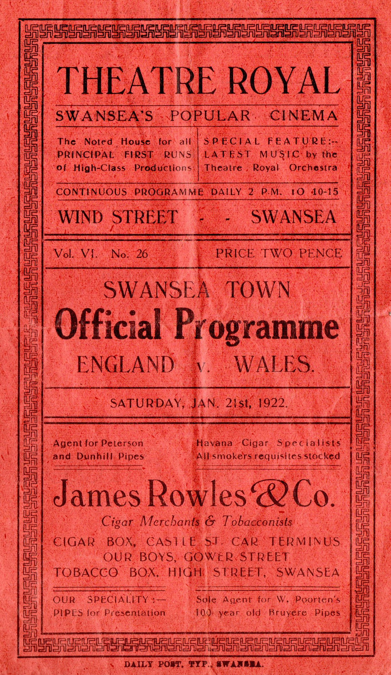 Wales v England 21 01 1922 Vetch Field Swansea Town 1 front