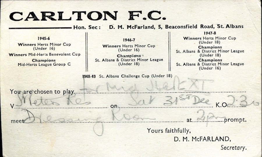 Carlton 1949 50 fixture postcard
